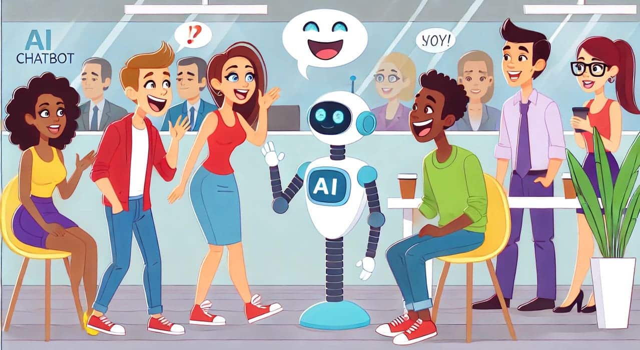Visual representation of anthropomorphism in AI, showing a chatbot designed with human-like traits engaging with a user in a natural conversation.