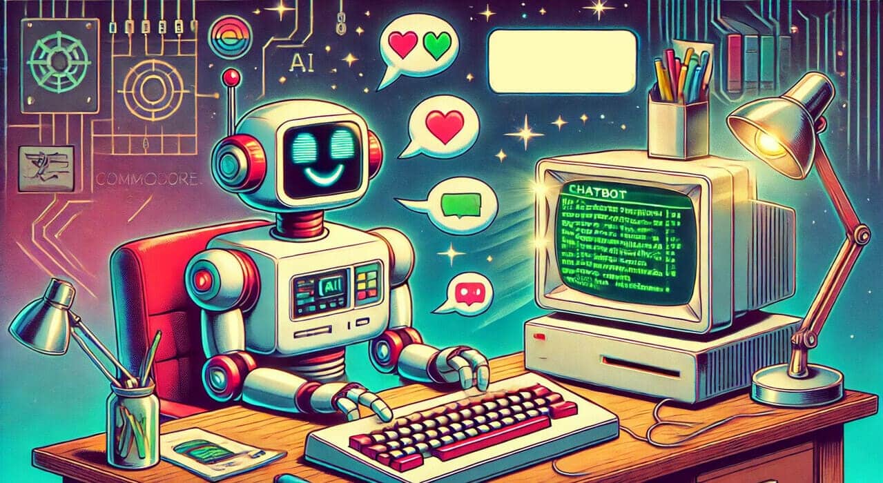 Illustration of a chatbot simulating a human conversation through text on a Commodore 64 computer.