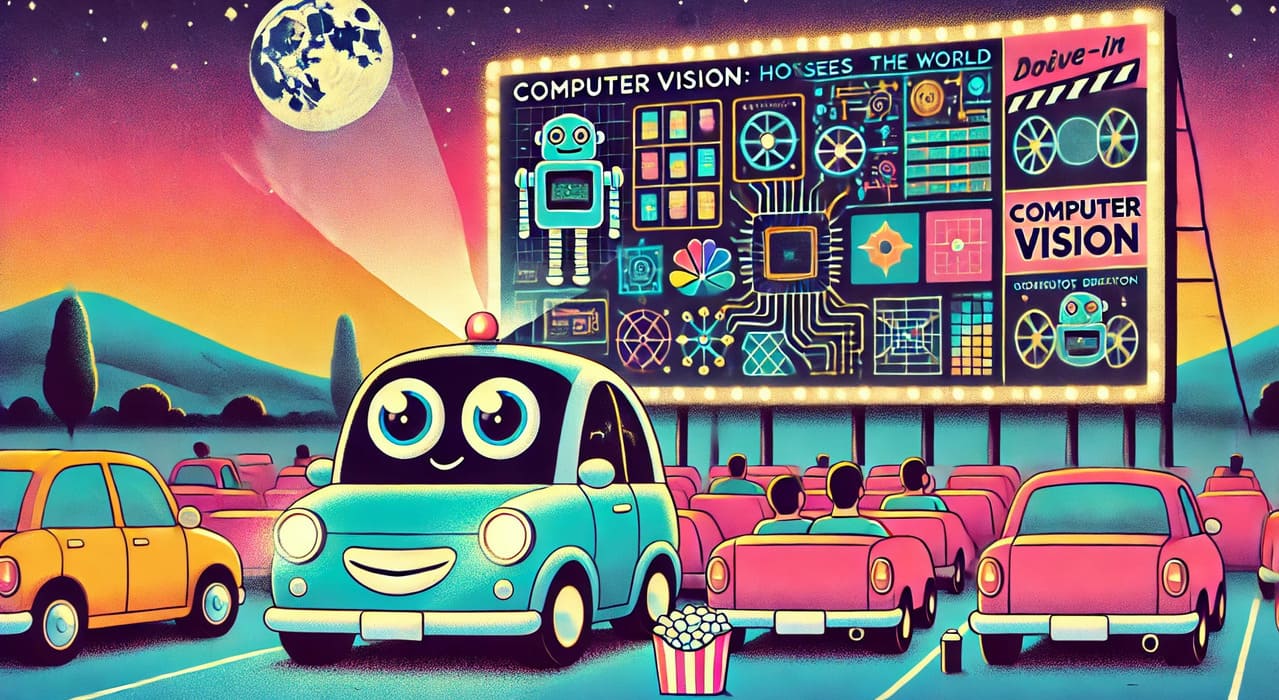 Humorous illustration of an AI autonomous vehicle with a vision system interpreting images at a drive-in movie theater.