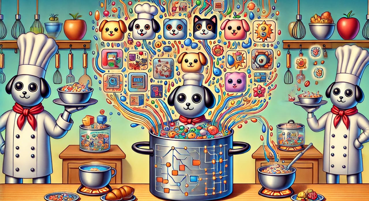 Humorous visualization of a Convolutional Neural Network (CNN) analyzing images for tasks like object detection and classification, using deep learning layers in the form of dogs.