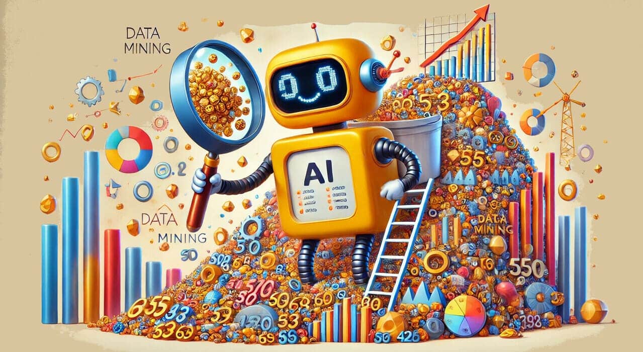 Cartoon-style illustration of data mining, featuring an AI robot uncovering insights from a whimsical data mine.