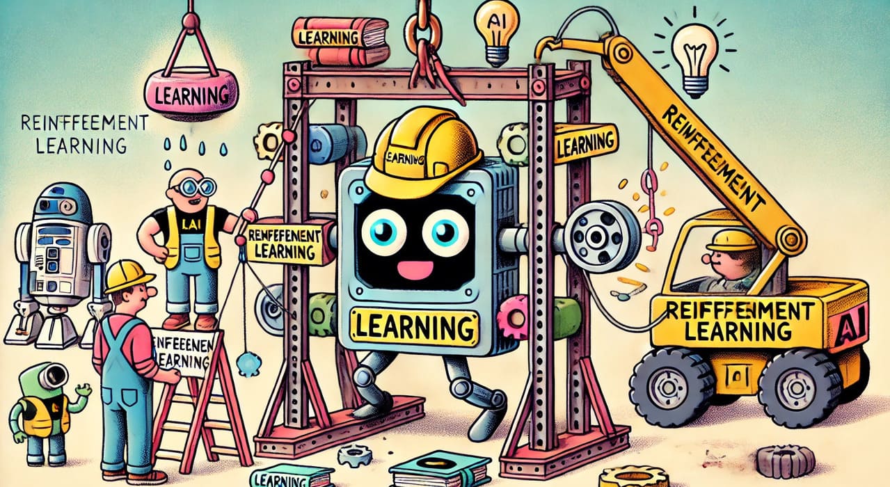 AI agent using Reinforcement Learning to interact with an environment, demonstrated through a cartoon construction site.