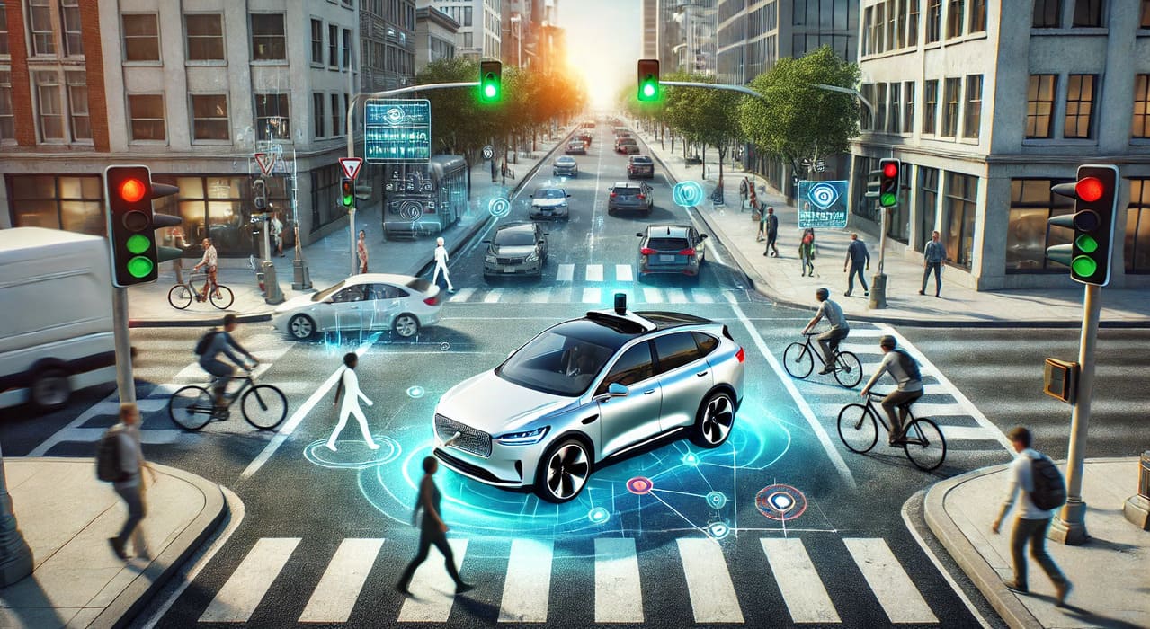 Futuristic AI concept showing autonomous vehicle technology interacting with humans in a complex digital environment, representing the challenge of aligning AI with human values.