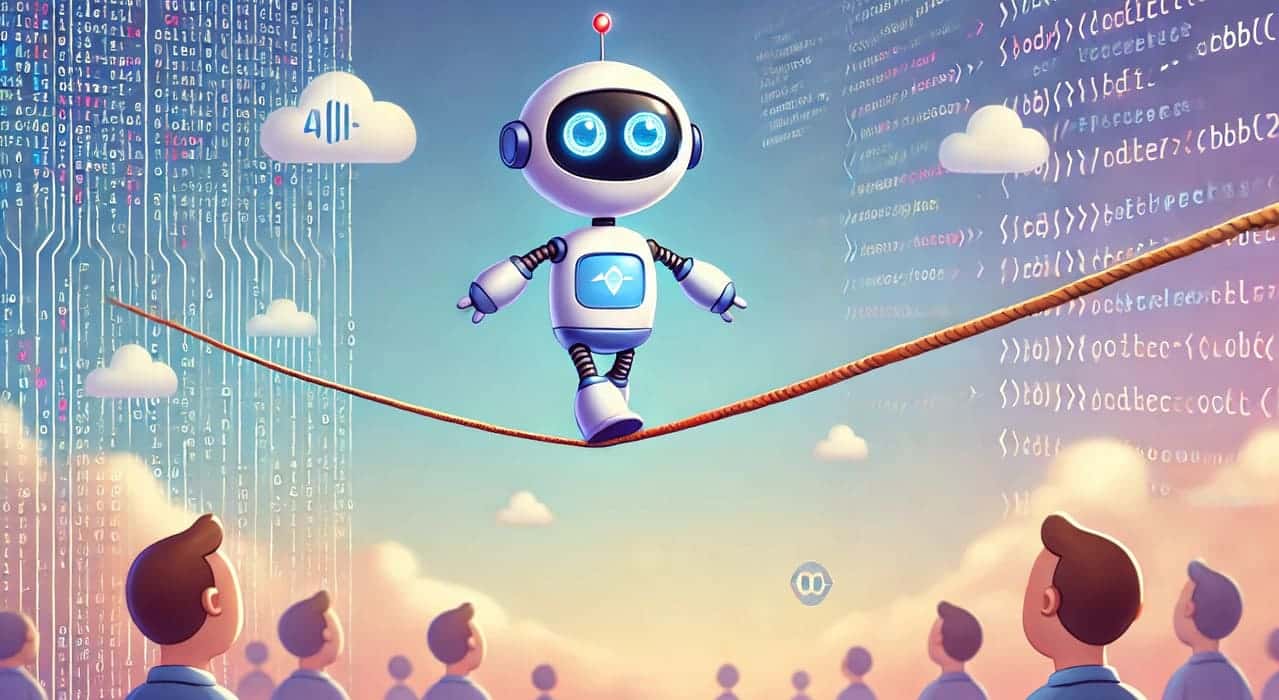 Visual representation of AI alignment, depicting an AI robot walking a tightrope while humans watch in hopes of seeing desired outcomes. The illustration emphasizes the importance of aligning AI behavior with human values and ethics.