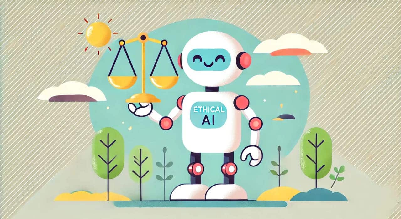 Fun and cartoonish illustration of a friendly robot holding a scale, representing balance and fairness in AI ethics. The background features a light and cheerful scene with clouds, trees, and a sun, creating a positive atmosphere.