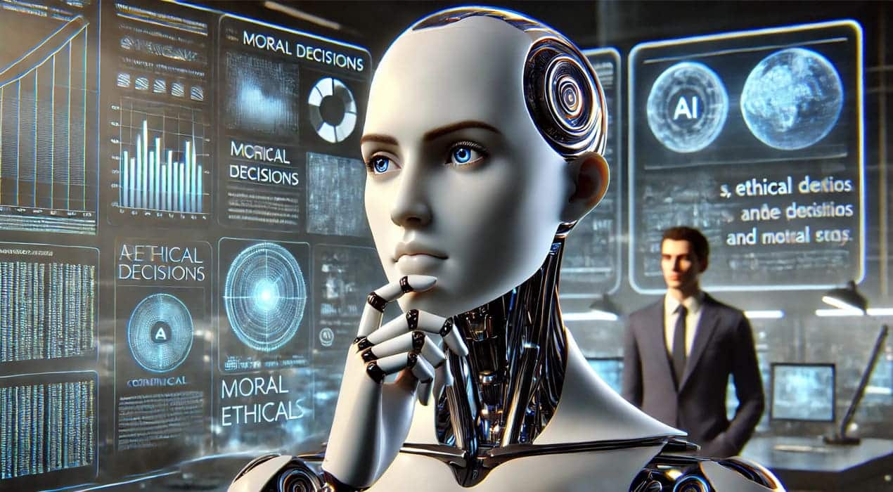 Photorealistic image of a humanoid AI, thoughtfully contemplating ethical decisions. The scene features holographic screens displaying complex data and moral scenarios in a futuristic setting, highlighting the AI's reflective nature and engagement with ethical dilemmas.