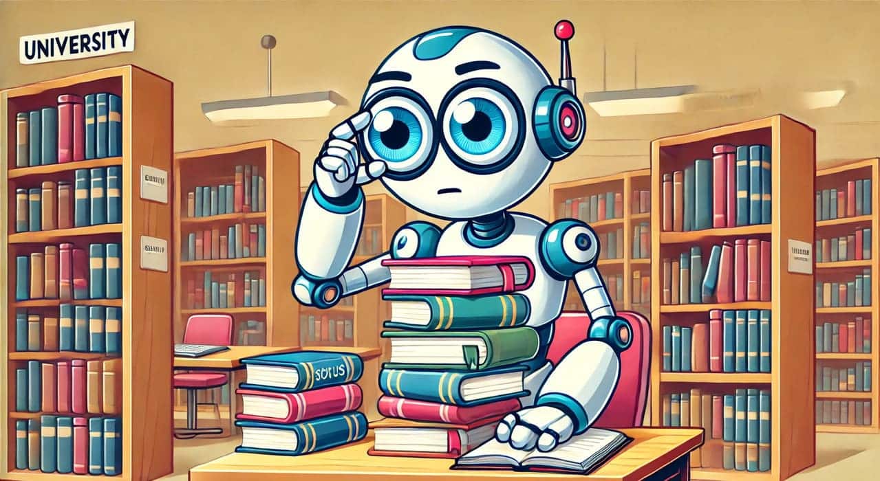 Illustration of Attention Mechanism in AI, showing a nerdy robot focusing on books at a university library.