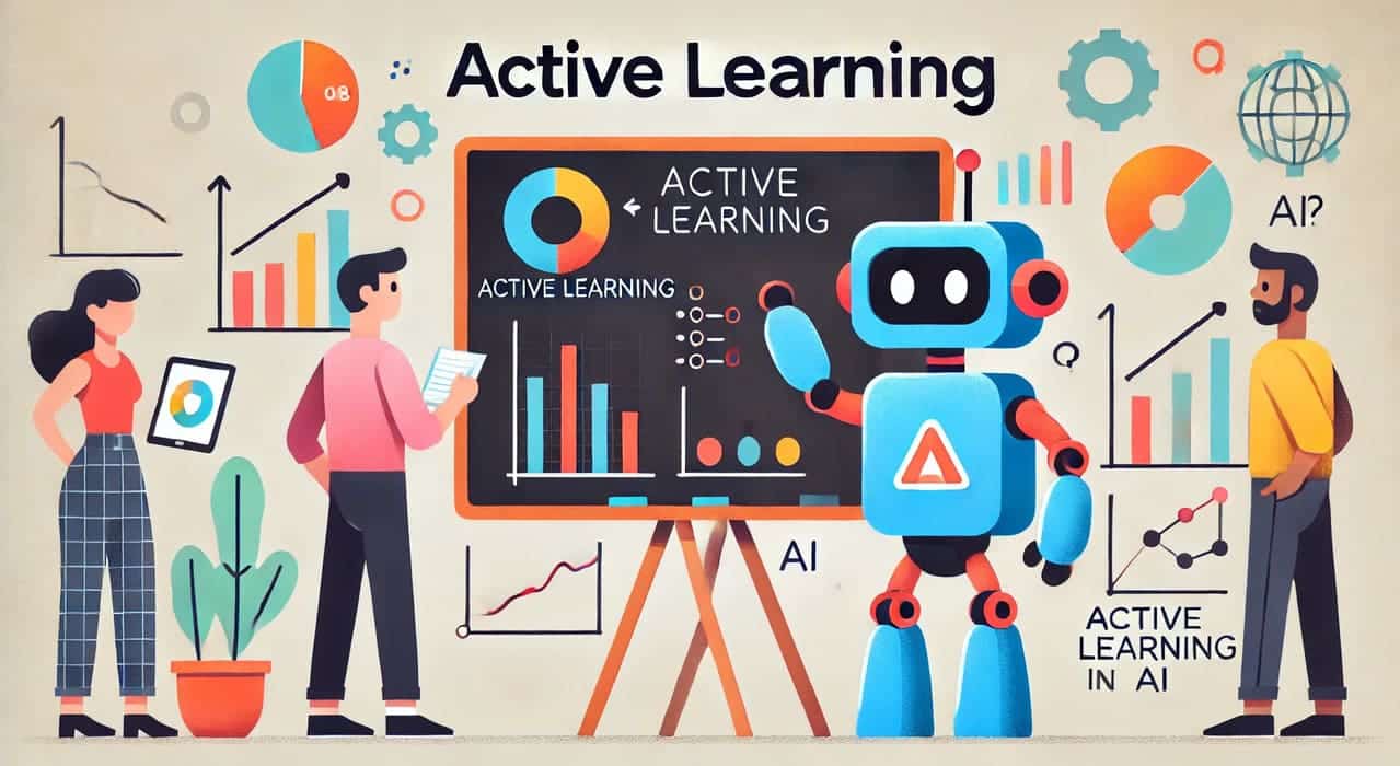 Cartoonish robot using active learning to label data points, surrounded by graphs and data visualizations, representing the efficient training process in AI.