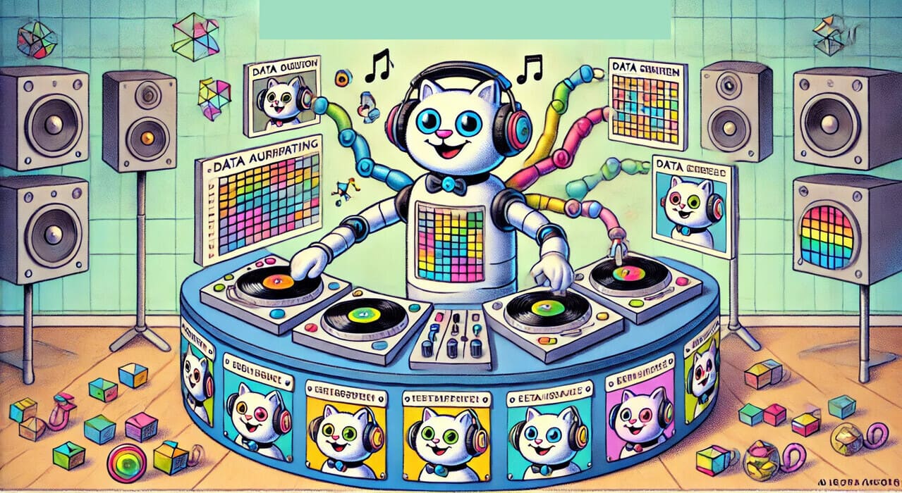 Example of data augmentation techniques applied to image recognition tasks in AI - in the form of a DJ cat with many arms (AI generated)