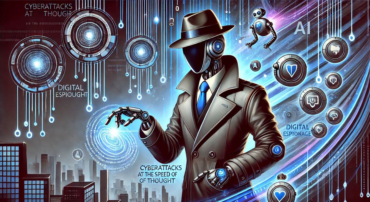 Sleek, anthropomorphic AI figure or robot dressed in a fashionable spy outfit