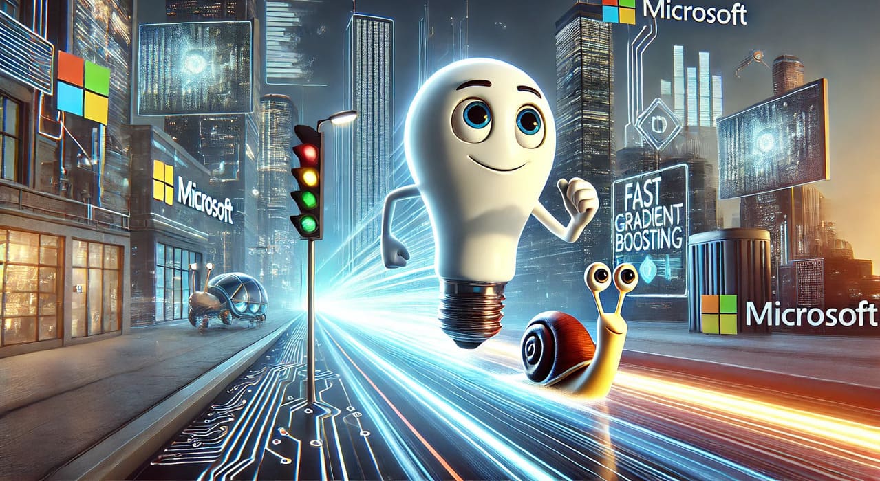 Photorealistic illustration of an anthropomorphic light bulb character speeding through a futuristic cityscape, symbolizing LightGBM's speed and efficiency. The background features sleek skyscrapers, digital billboards, and slower characters like snails, representing other machine learning models, watching in awe.