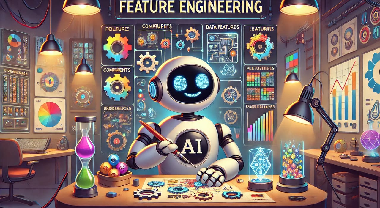 A vibrant cartoon-style illustration of a friendly anthropomorphic AI robot working in a high-tech workshop.