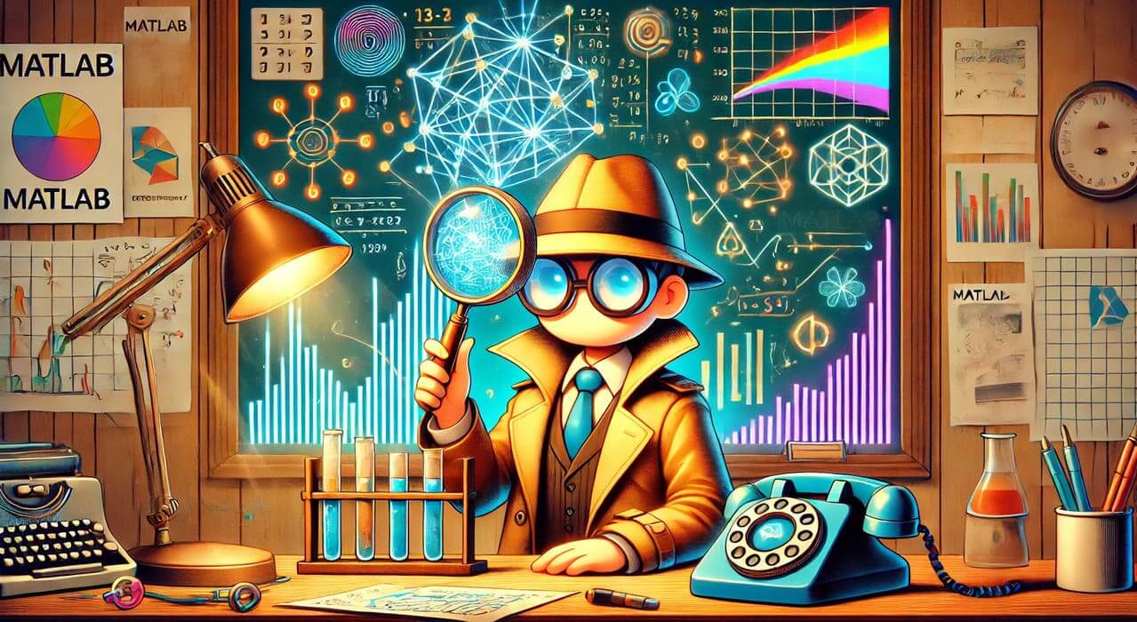 Japanese anime style combining the MATLAB concept with the aesthetic of a vintage detective TV show.