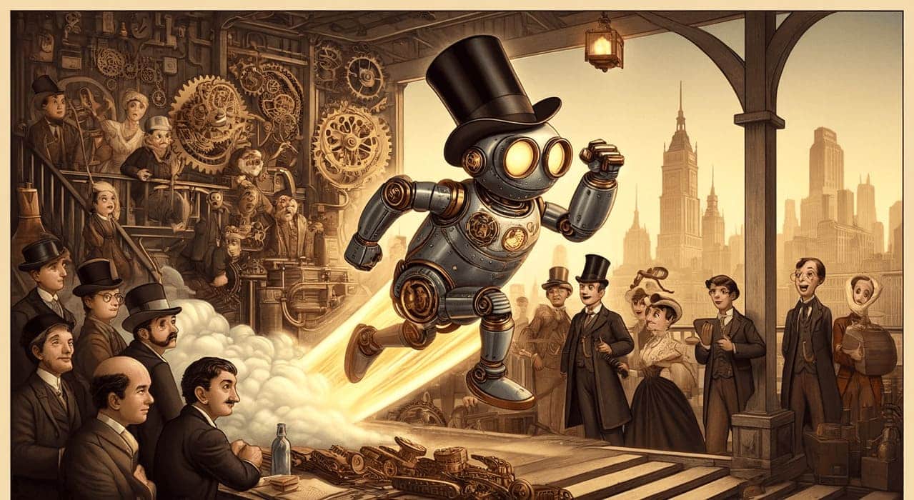Victorian-inspired cartoon illustration of an AI robot in a top hat and monocle, launching at high speed with a trail of steam, gears, and brass machinery parts, symbolizing rapid AI acceleration. In the background, Victorian-era scientists and professionals look astonished, holding onto hats and monocles in a vintage, steampunk-style laboratory filled with ornate machinery and gears. The scene uses rich, sepia tones, blending humor with elegance to highlight the runaway risks of artificial intelligence