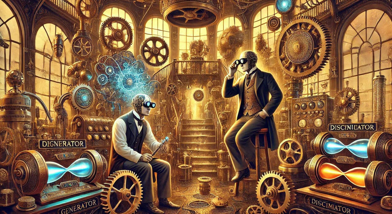 Steampunk, Victorian-style illustration depicting two neural networks personified as characters.