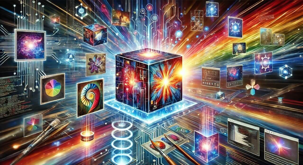 Vibrant, futuristic acrylic-style illustration of a creative AI system generating diverse content.