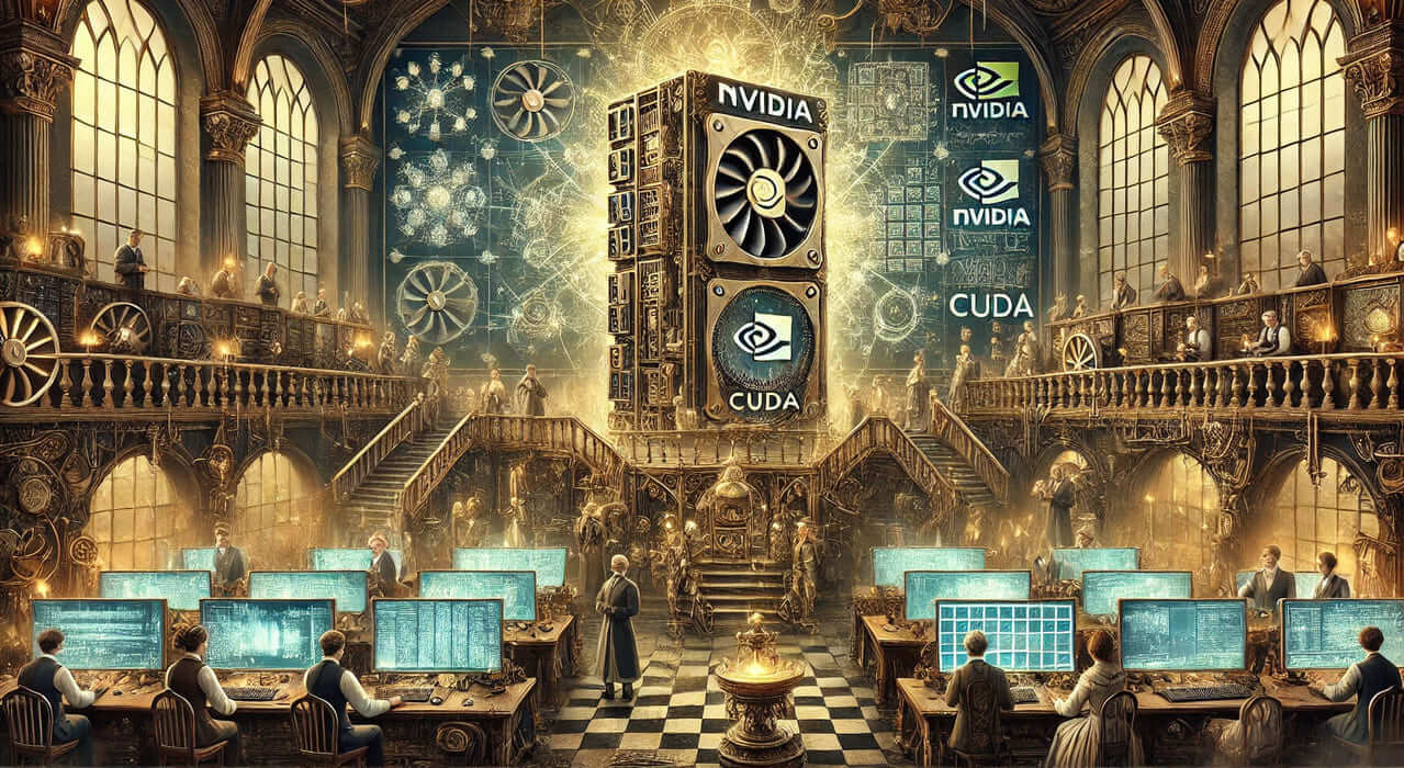 A Victorian-style illustration of a grand computing laboratory filled with intricate, steam-powered machinery and glowing brass gears. At the center is a towering GPU labeled 'NVIDIA CUDA,' exuding a futuristic yet steampunk aura.