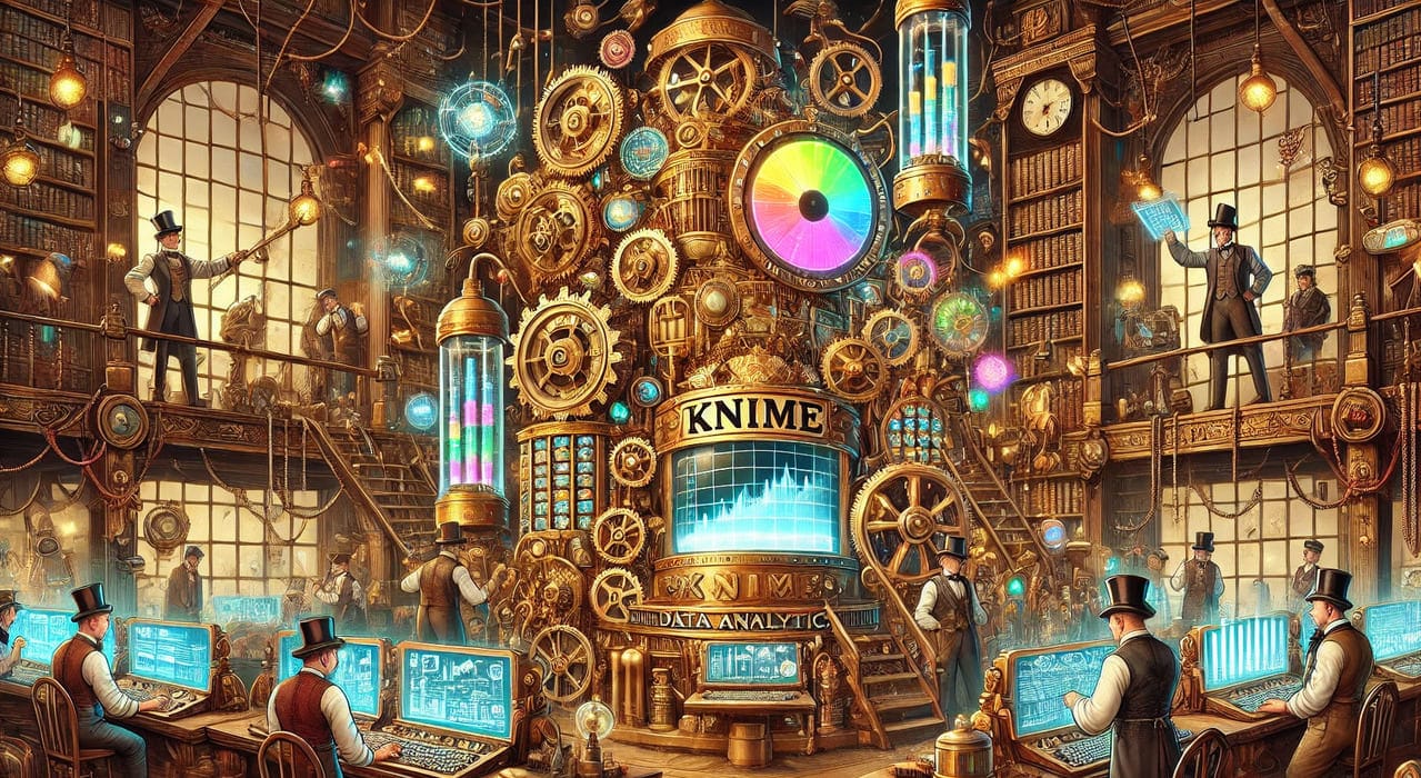 Steampunk Victorian-era data analytics laboratory featuring a KNIME analytical engine with glowing charts and scientists operating levers and gears.