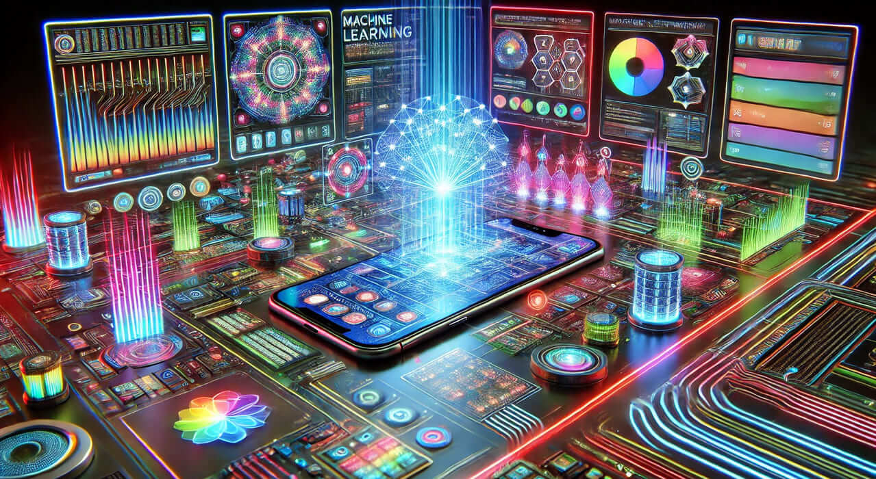 A colorful and futuristic mobile app development environment made entirely of electronic components, showcasing holographic displays with machine learning models, synthetic datasets, and glowing neural networks, illuminated by vibrant neon lights.