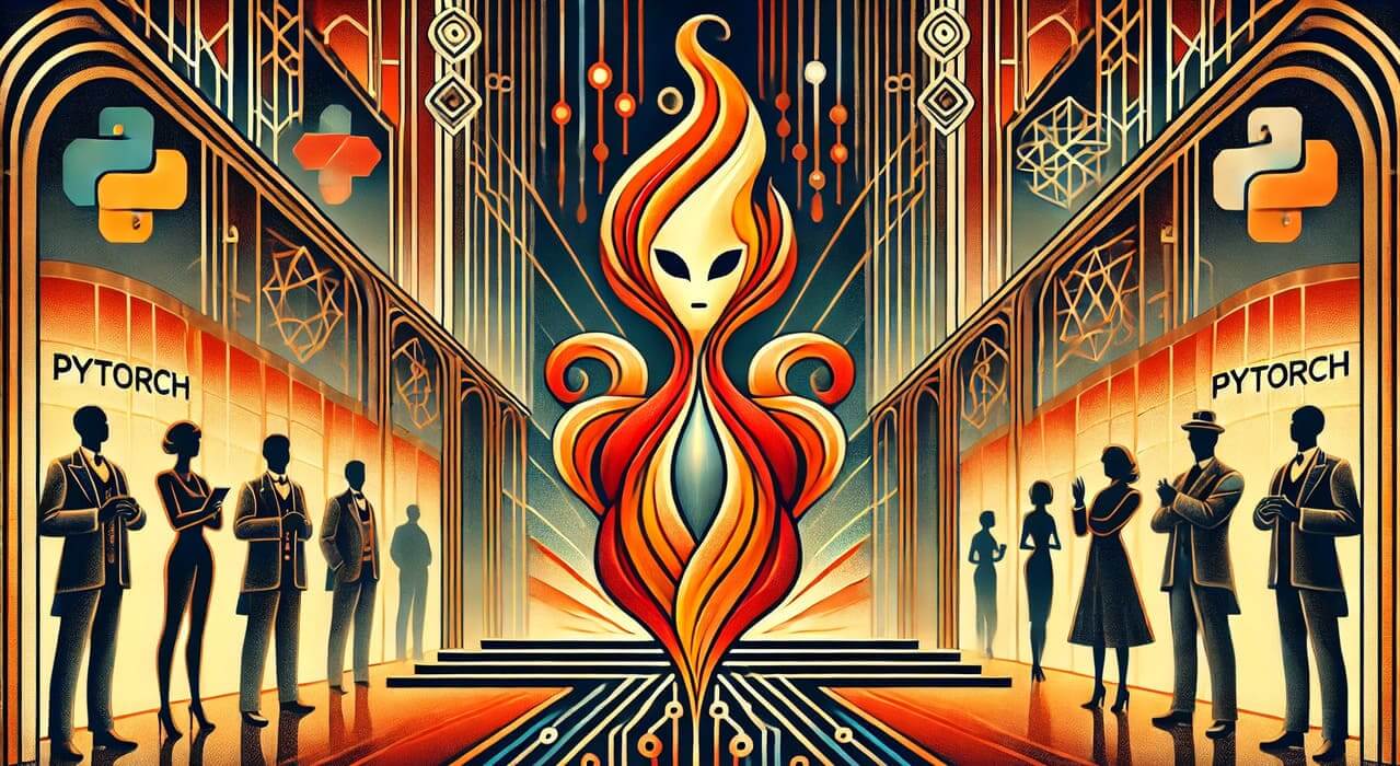 A vintage Art Deco-style illustration featuring an anthropomorphic flame character symbolizing PyTorch. The flame figure, stylized with silhouettes of elegant people standing and watching.