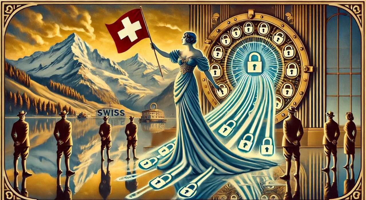 A vintage Art Deco-style illustration of a Swiss digital privacy theme. A regal woman in flowing blue and gold fabric holds a Swiss flag, standing beside an open vault emitting streams of encrypted data adorned with lock symbols. The backdrop features the Swiss Alps, golden skies, and a reflective alpine lake. Silhouetted figures on one side represent citizen rights, while shadowy corporate figures stand on the other, symbolizing surveillance.