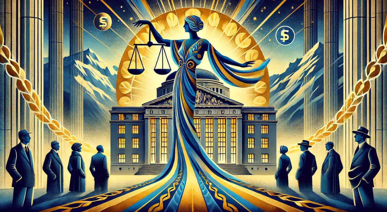 Vintage Art Deco-style illustration of Basel, Switzerland. A stylized woman draped in blue and gold robes holds balanced scales in front of a glowing neoclassical building, symbolizing financial regulation under Basel III. Flowing lines represent capital and liquidity. Silhouetted figures in suits observe solemnly, while the Swiss Alps rise in the background beneath a radiant sky. No words or text are included.
