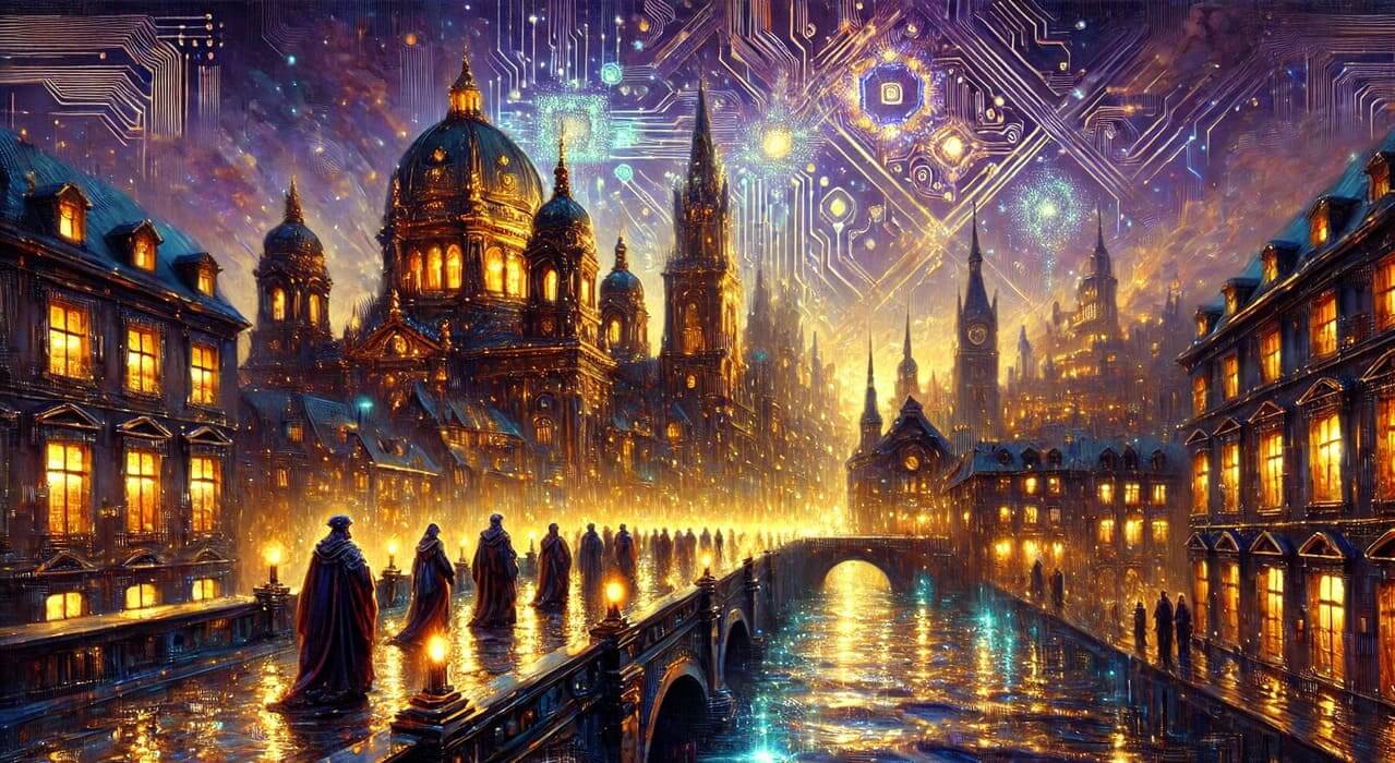 An expressive oil painting of a twilight European cityscape where Renaissance cathedrals and stone bridges are overlaid with shimmering circuit patterns. Figures in flowing attire and futuristic visors stand over glowing canals of light-coded water beneath auroras of encrypted script—symbolizing cybersecurity and global compliance.