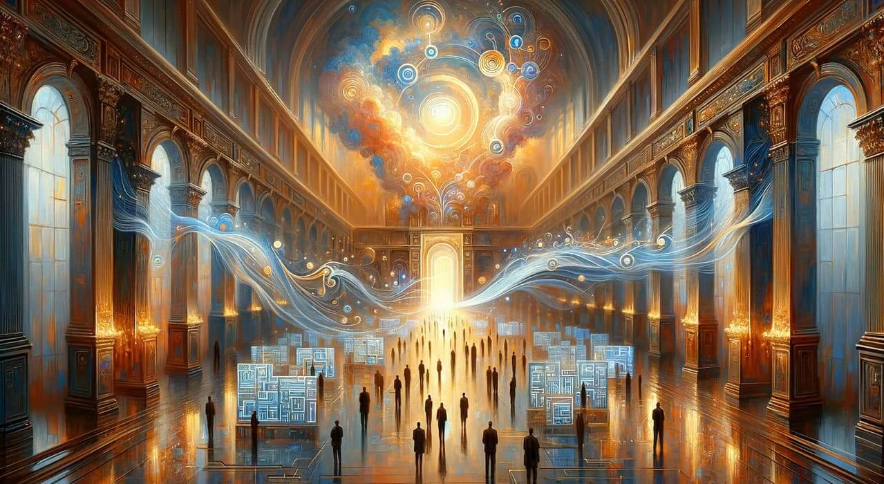 An artistic oil painting featuring a Renaissance-inspired library with glowing data streams and luminous letters flowing across the floor. Abstract silhouettes gather around futuristic terminals, symbolizing worldwide collaboration in language technology and AI innovation.