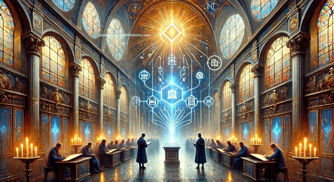 An artistic oil painting of a Swiss Renaissance-style chamber lit by twilight, where encrypted code flows between arches and dignified figures consult scrolls and tablets. An aurora of cybersecurity symbols arcs above, symbolizing the integration of Swiss data protection law and the NIST cybersecurity framework.