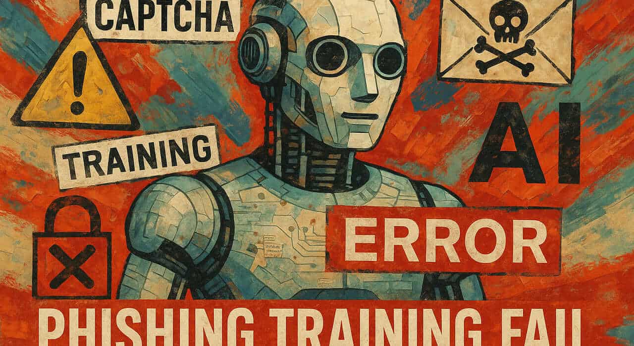 Editorial collage of a humanoid robot with newspaper textures and digital icons surrounded by words like “AI,” “Error,” and “Training,” symbolizing phishing awareness failure and cyber risk.