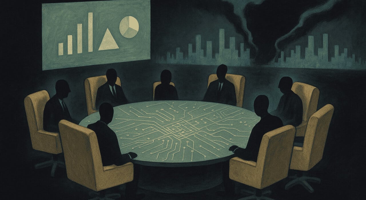 Surreal boardroom of faceless directors ignoring a digital breach spreading across a cityscape, symbolizing failed cybersecurity oversight.